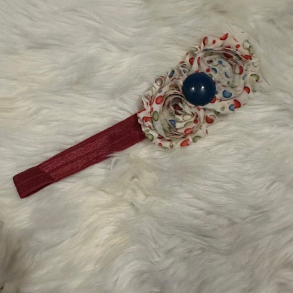 Double Polka Dot Shabby Flowers with Blue Button Center on FOE Headband 7584